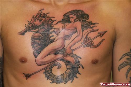 Girl riding Seahorse Tattoo On Chest