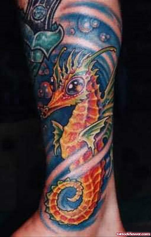 Colourful Seahorse Tattoo On Ankle