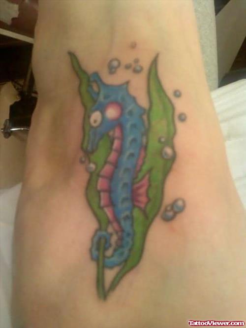 Blue Seahorse Tattoo On Foot