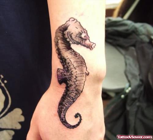 Black Ink Seahorse Tattoo On Hand
