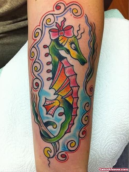 Green Ink Seahorse Tattoo