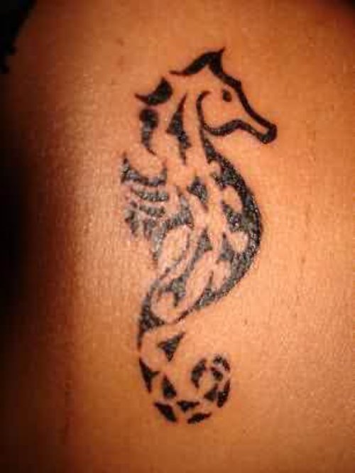 Black Ink Sea Horse Tattoo