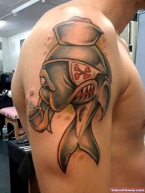 Shark Colour Tattoo On Shoulder
