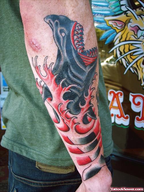 Shark Black And Red Tattoo On Arm