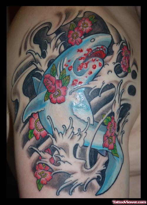 Beautiful flowers And Shark Tattoo