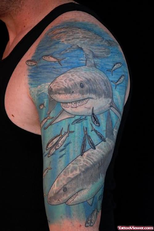 White Shark In Sea Tattoo On Shoulder