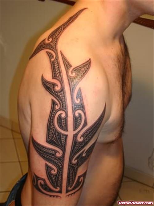 Maori Tribal Shark Tattoo On Shoulder