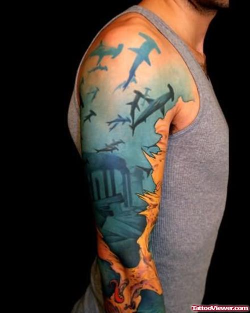 Shark World Tattoo On Sleeve