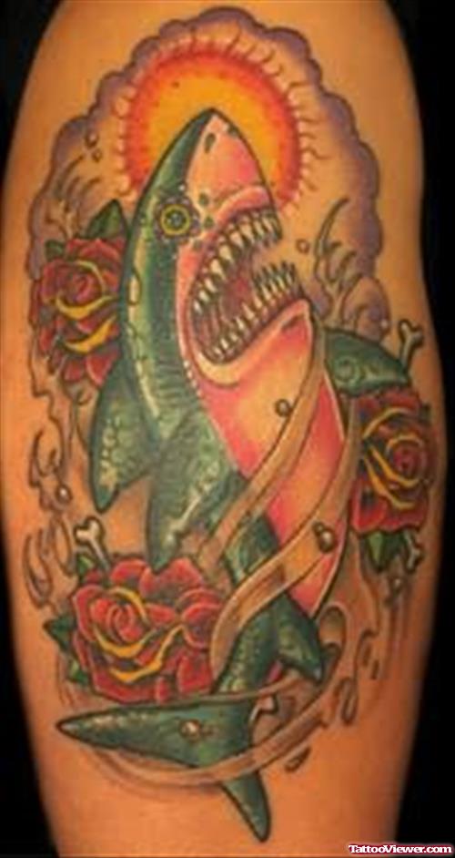Green And Orange Shark Tattoo