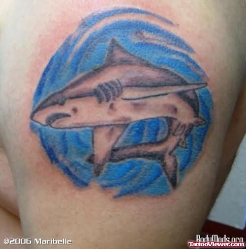 Blue Sea And Shark Tattoo On Shoulder