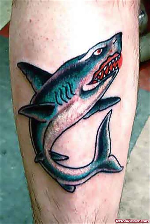 Shark Green Tattoo On Leg