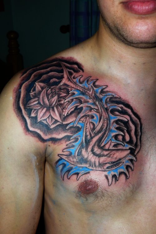Shark and Flower Tattoo On Upper Shoulder