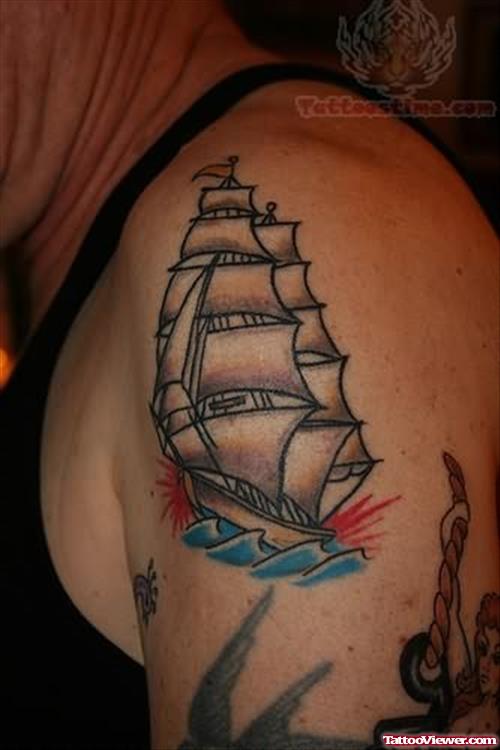 Amazing Ship Tattoo On Shoulder