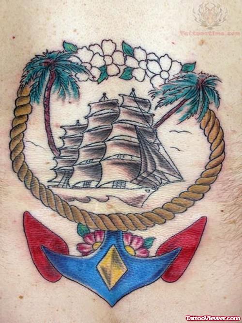 Color Anchor And Ship Tattoo