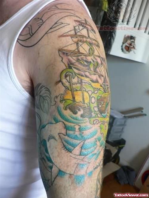 Colorful Ship Tattoo