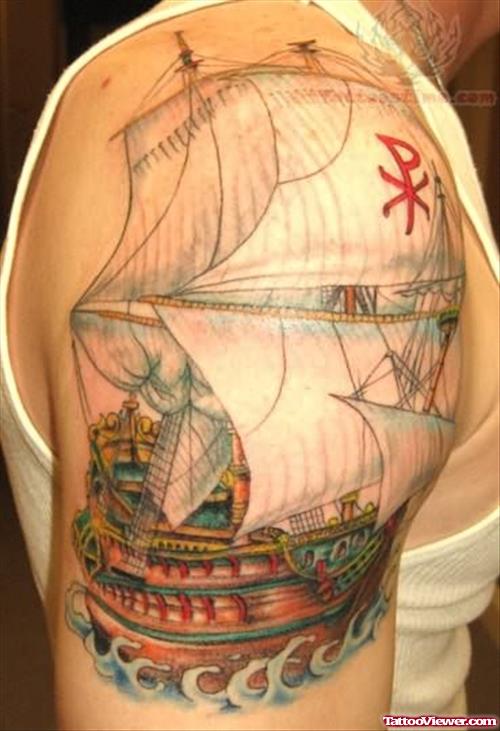 Ship In Sea Tattoo on Shoulder