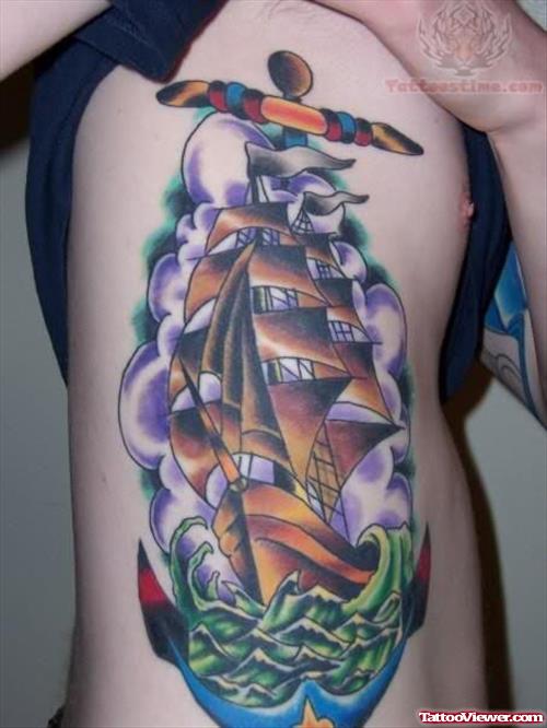 Purple ink Ship Tattoo