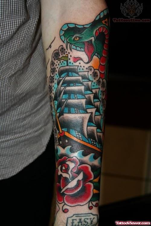 Color Ink Ship Tattoo On Arm