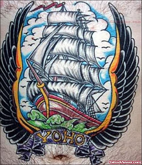 Ship Tattoo On Stomach