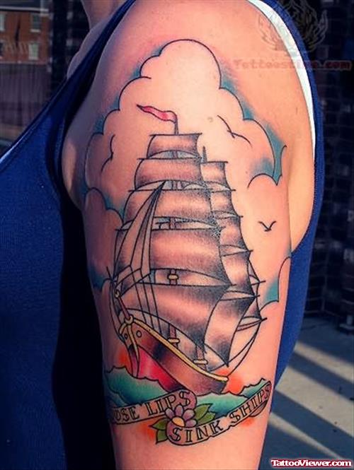 Traditional Ship Tattoo On Bicep