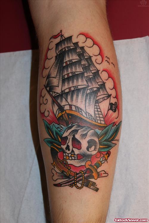 Pirate Color Ship Tattoo
