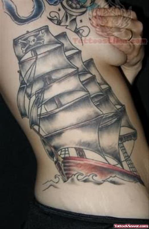 Ghost Ship Tattoo On Rib