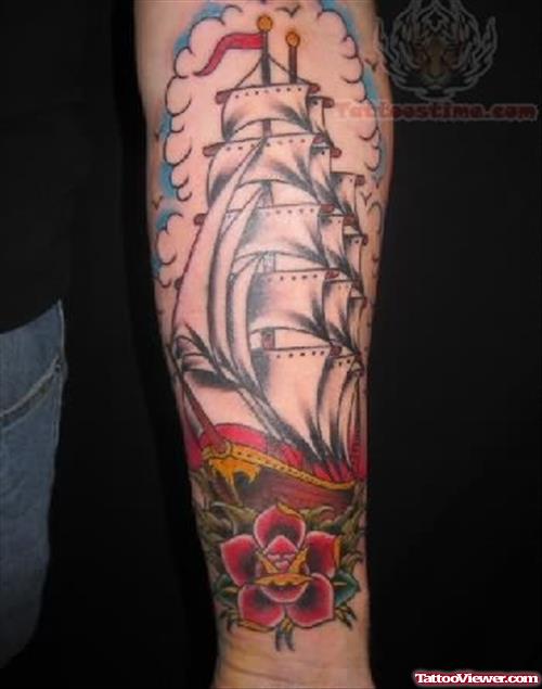 Old School Ship Tattoo On Arm
