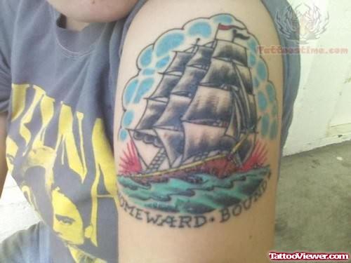 Large Ship Tattoo On Biceps