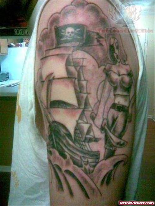 Dangerous Ship Tattoo On Bicep