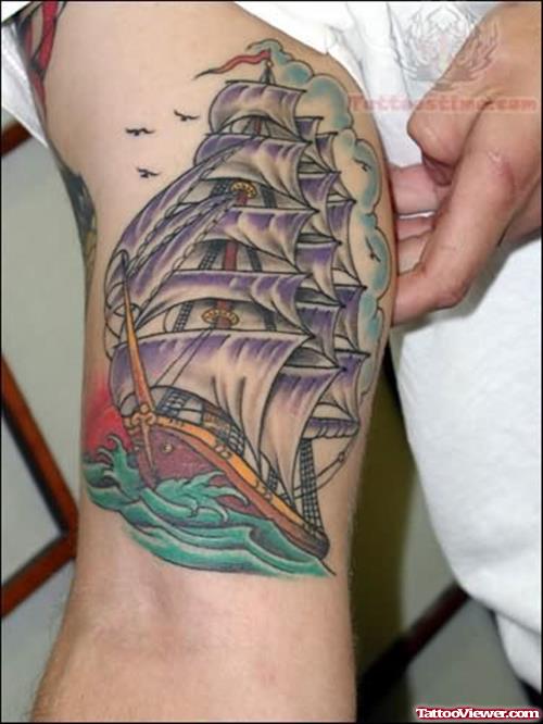 Big Ship Tattoo On Muscles
