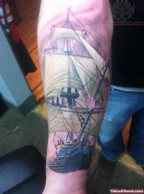 Large Ship Tattoo On Arm