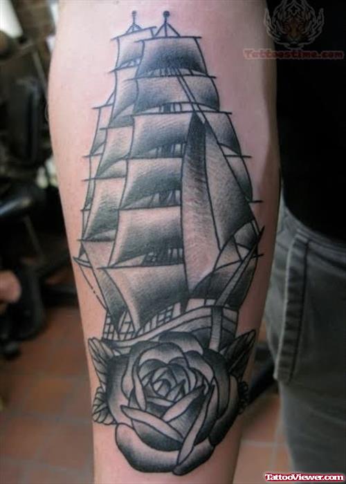 Black ink Ship And Rose Tattoo