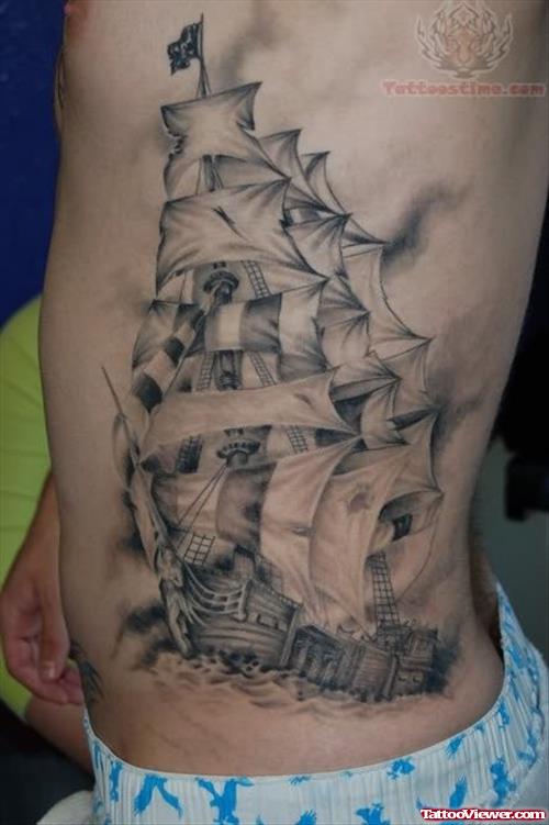 Marcos Ship Tattoo On Rib