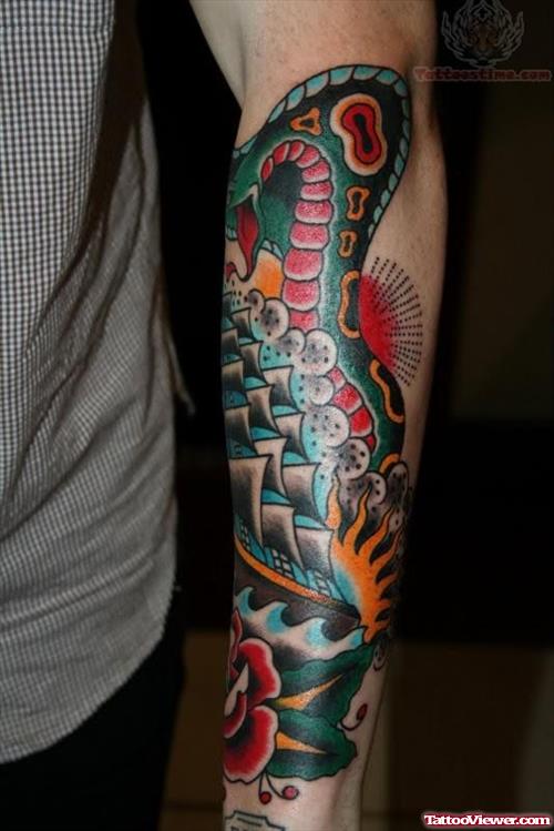 Colorful Ship Tattoo On Arm