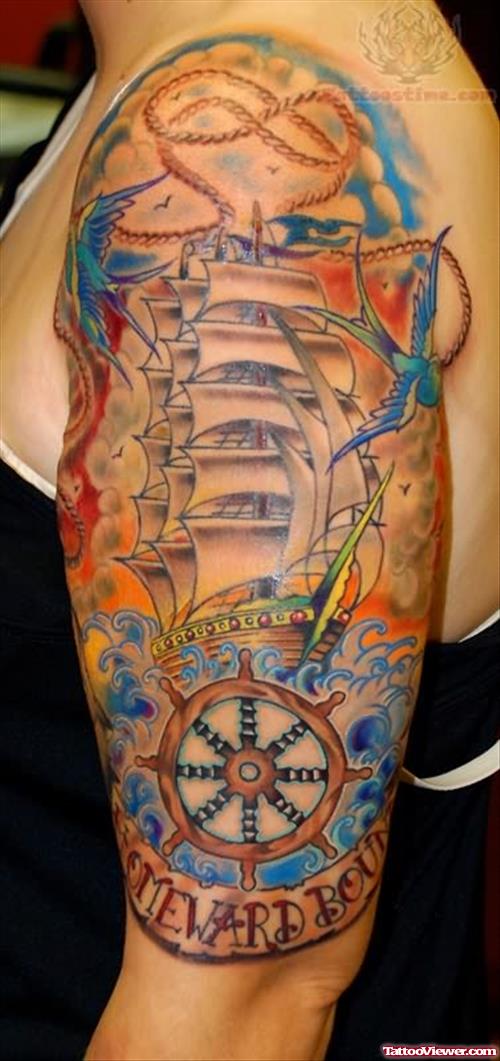 Clipper Ship Tattoo For Bicep