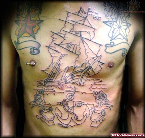Old School Ship Tattoo On Chest