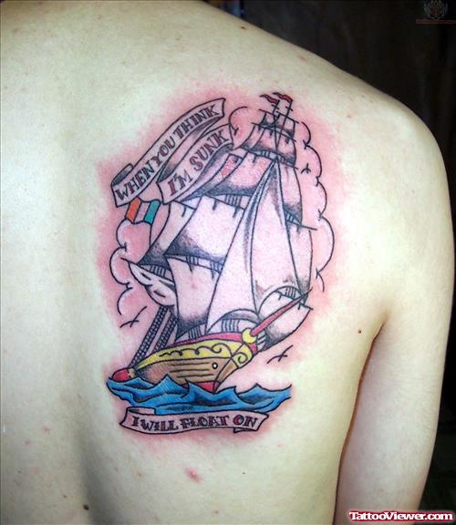 Old School Ship Tattoo On Back Shoulder