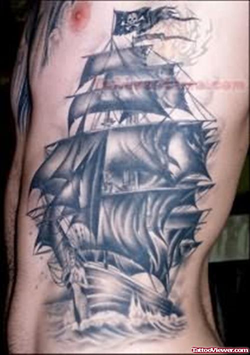 Large Ship Tattoo on Rib