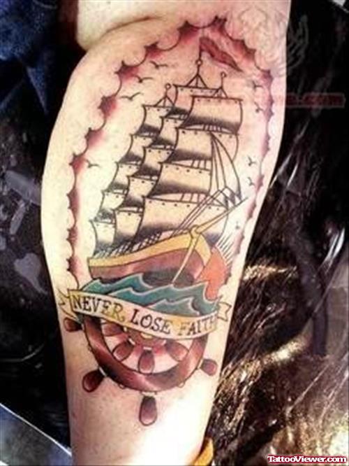 Beautiful Ship Tattoo On Leg