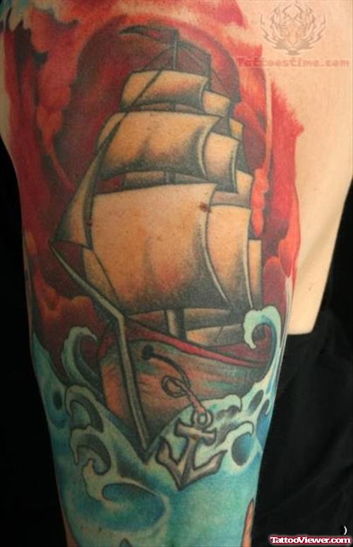Ship In Sea Tattoo On Sleeve