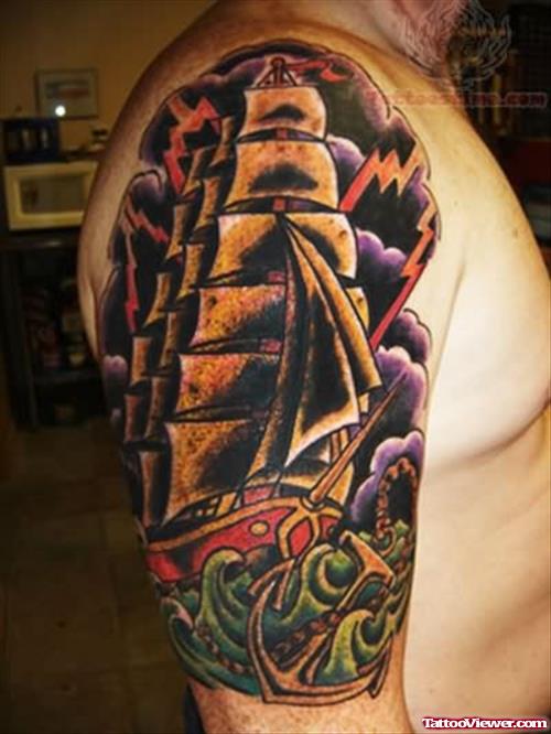 Pirate Colorful Ship Tattoo