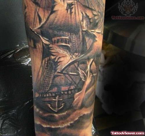 Black ink Ship Tattoo