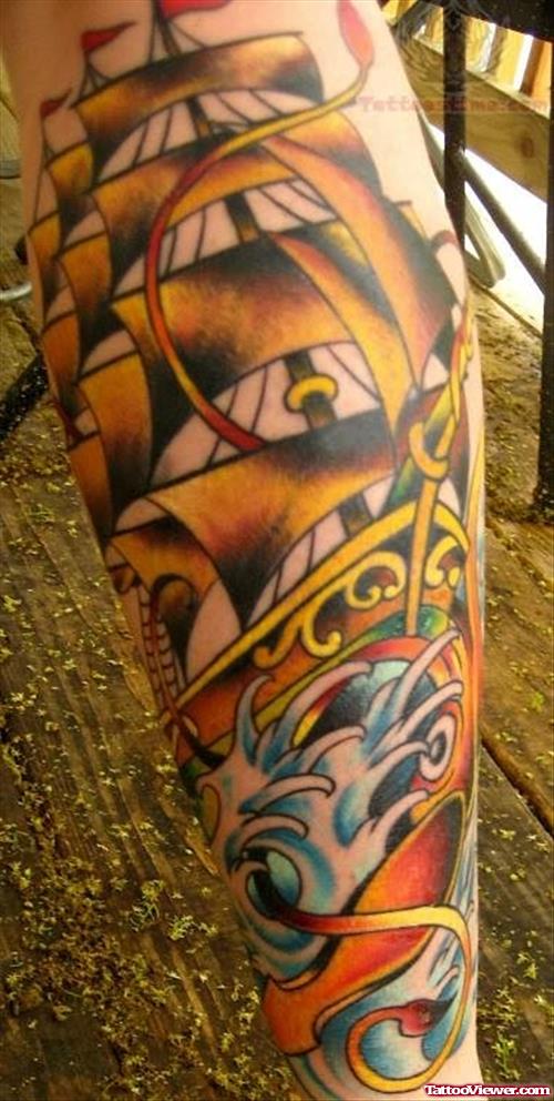 Colorful Ship Tattoo On Leg