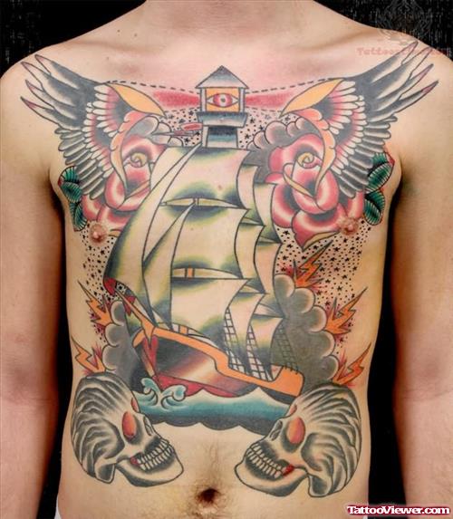 Ship Tattoo On Chest
