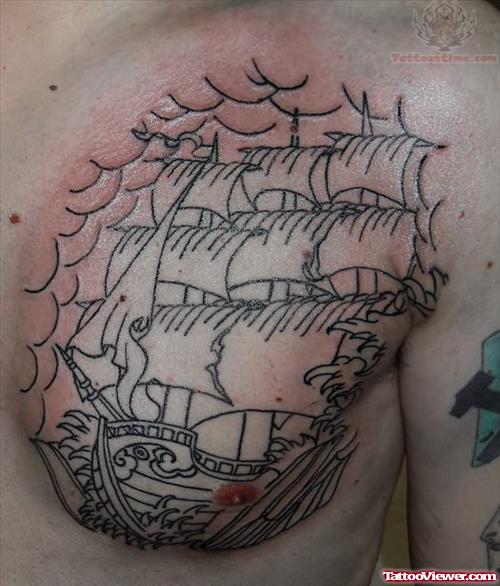 Pirate Ship Tattoo On Man Chest