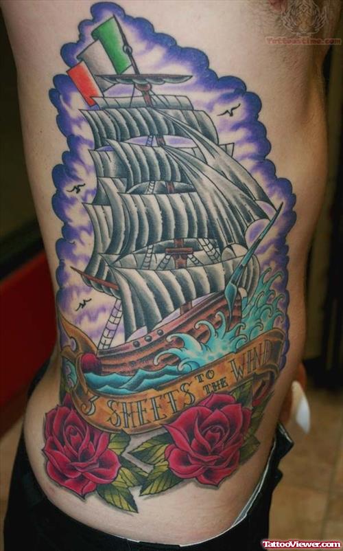 Colorful Ship Tattoo On Rib