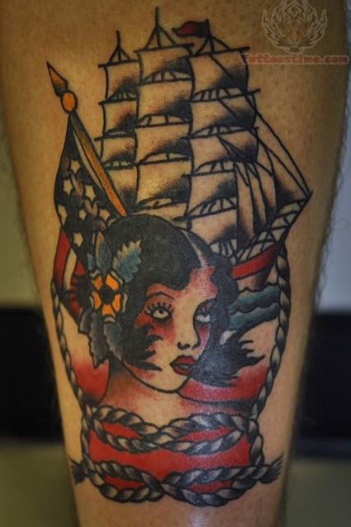 Girl And Ship Tattoo