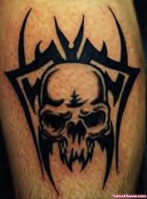 Skull Tribal Tattoo On Shoulder