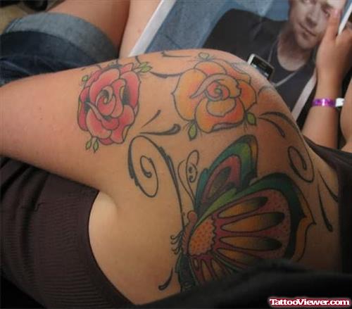 Butterfly And Rose Tattoo On Shoulder