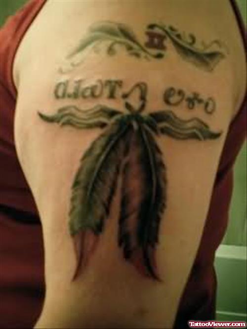 Words & Feather Tattoo On Shoulder